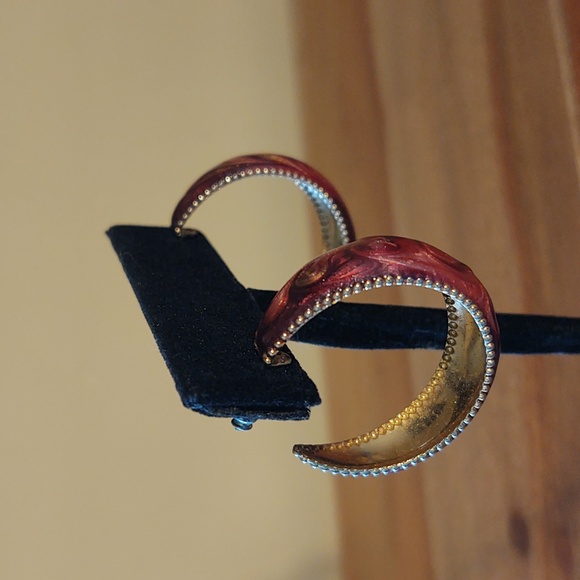 Burgundy Swirl and Gold Hoop Earrings - Picture 2 of 4